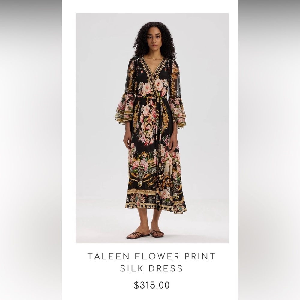 Chic Black Floral Long Sleeve Silk Dress - Picture 2 of 15